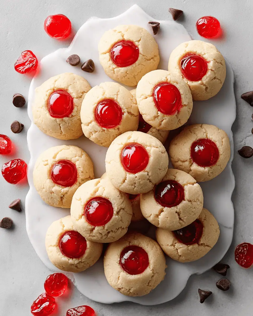 Cherry Surprise Cookies: A Hidden Chocolate Center Recipe 1 Raw cookie dough balls topped with candied cherry halves on a baking sheet.