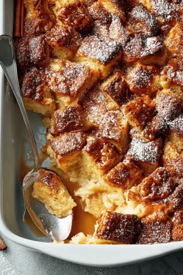 Bagel Bread Pudding: A Sweet Cinnamon Crunch Breakfast Bake 9 A baked 13x9 inch dish of golden brown bagel bread pudding dusted with powdered sugar.