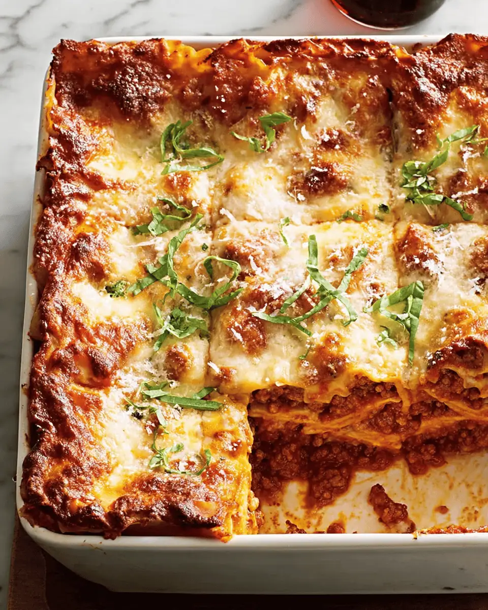 Vanessa's Make-Ahead Beefy Lasagna with Pesto Cheese Filling 2 Process shot of assembling the lasagna layers with meat sauce and noodles in a 9x13 pan.