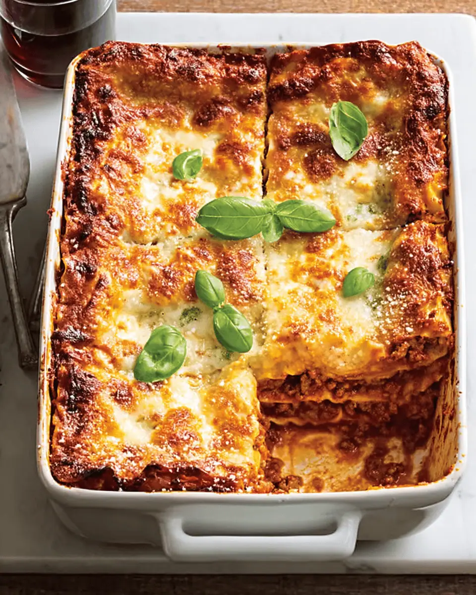 Vanessa's Make-Ahead Beefy Lasagna with Pesto Cheese Filling 3 A freshly baked lasagna with a bubbly, golden-brown mozzarella cheese topping.
