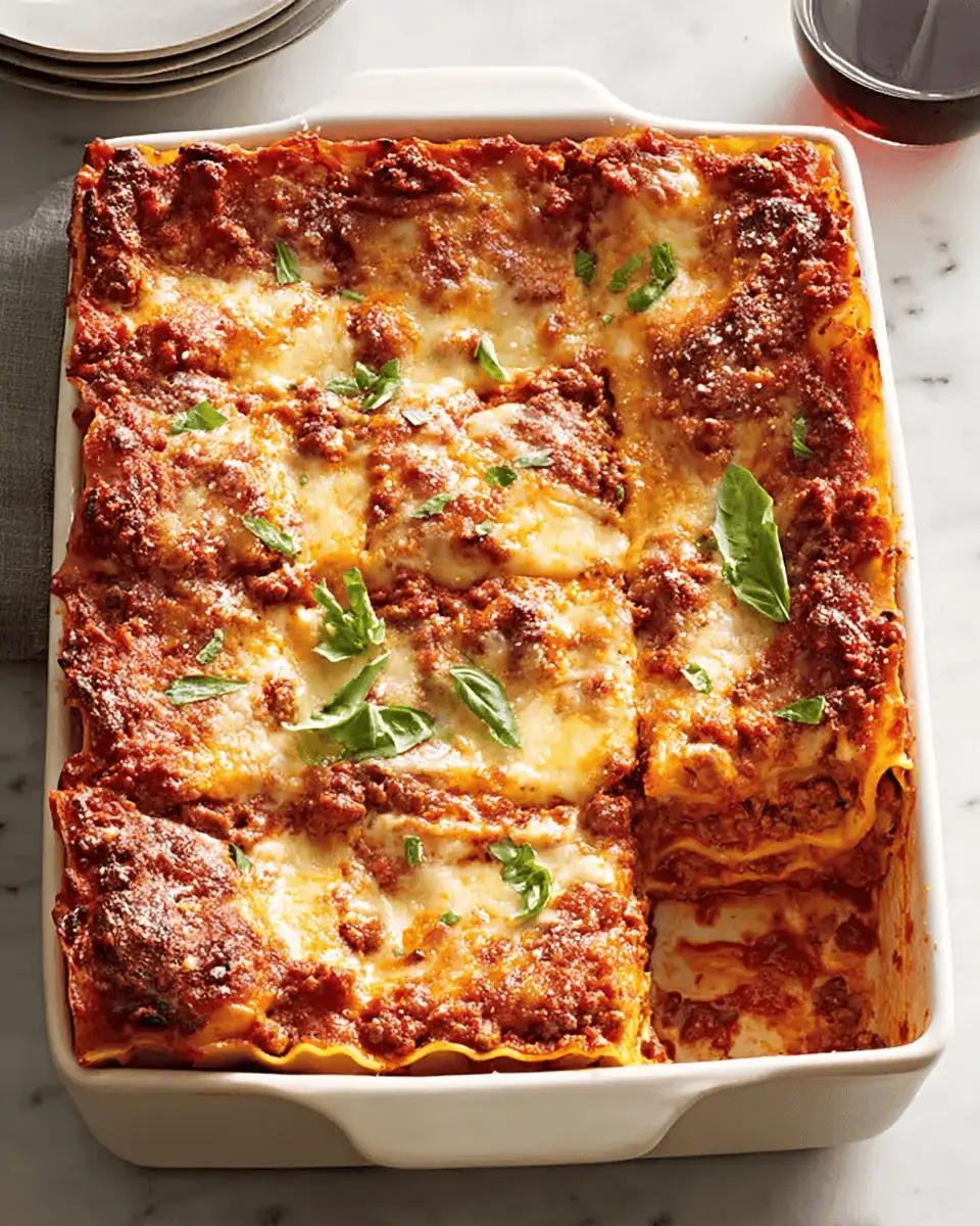 Vanessa's Make-Ahead Beefy Lasagna with Pesto Cheese Filling 4 A square of beef lasagna on a plate showing distinct layers of noodles, meat sauce, and creamy pesto cheese.