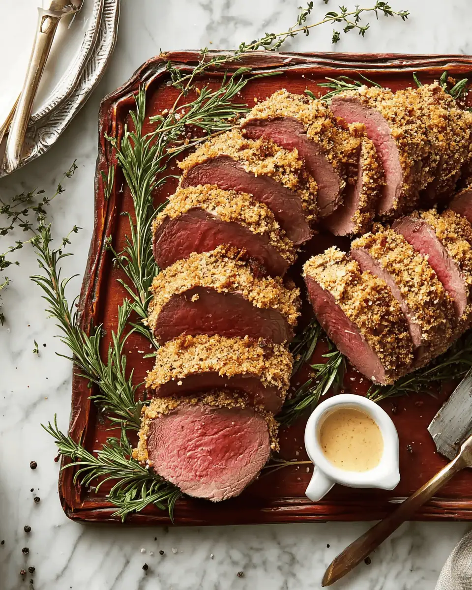 Herb-Crusted Beef Tenderloin - Perfect Holiday Roast 2 A hand pressing an herb and breadcrumb mixture onto a mustard-coated beef roast.