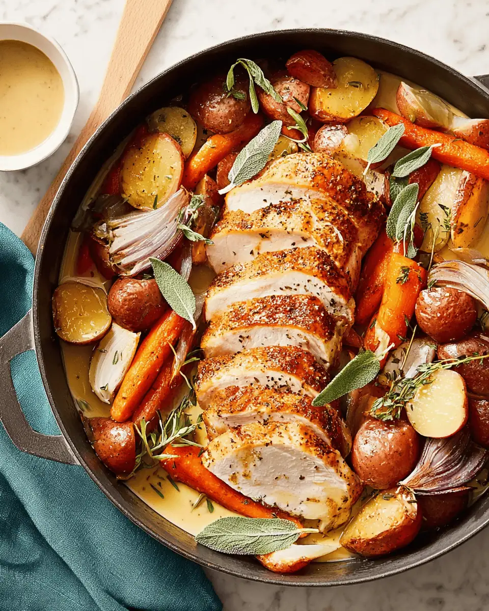 Juicy Dutch Oven Turkey Breast with Root Vegetables 3 A seasoned raw bone-in turkey breast placed inside an enameled dutch oven before roasting.