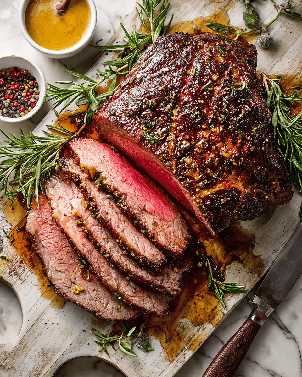 Easy Herb-Crusted Roast Beef - Low-and-Slow Reverse Sear 2 A thick slice of medium-rare beef tenderloin on a white plate, ready to be served.