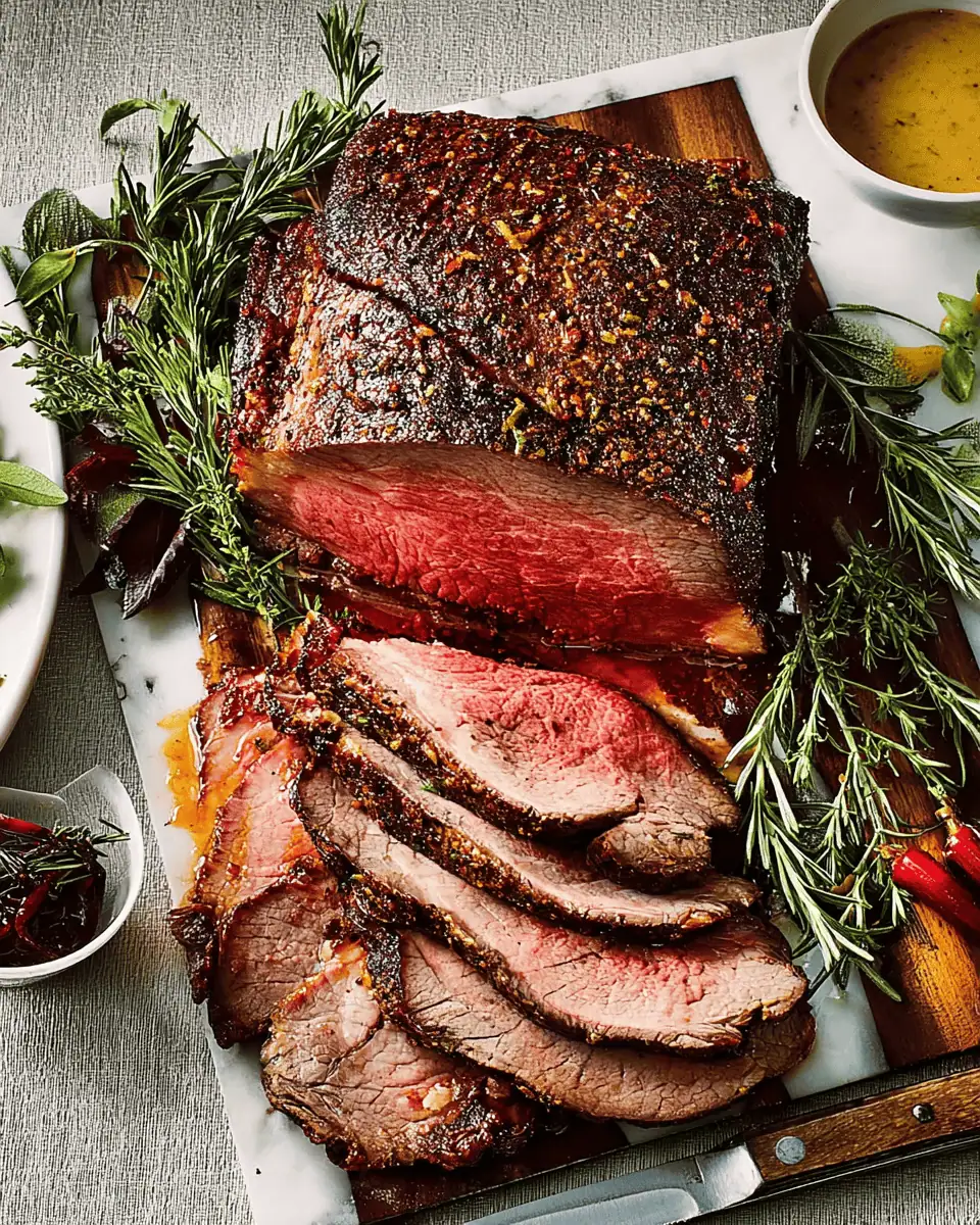 Easy Herb-Crusted Roast Beef - Low-and-Slow Reverse Sear 1 The fully-cooked, dark-crusted beef tenderloin resting on a wire rack in its roasting pan.