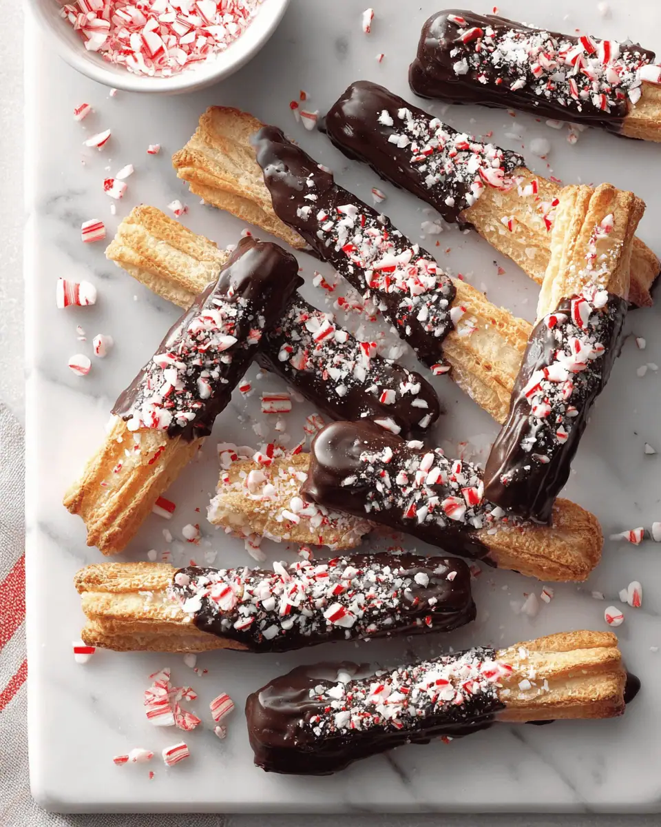 Peppermint Puff Pastry Sticks: A Crispy 3-Ingredient Holiday Treat 1 A hand dipping a baked pastry twist into a bowl of melted chocolate coating.