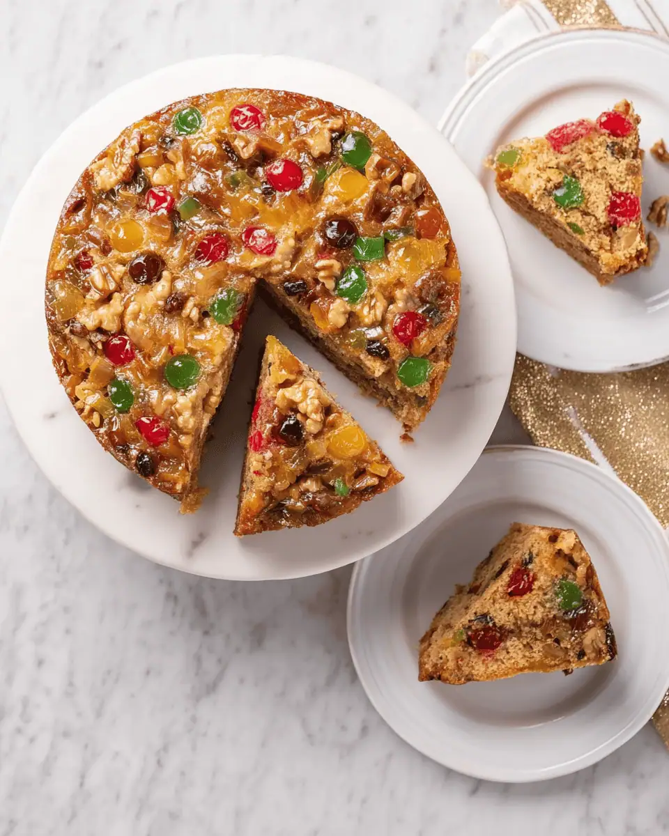 Golden Fruit Cake: A Festive Candied Fruit and Nut Holiday Wreath 3 A golden fruit cake sliced on a platter revealing red and green cherries and walnuts inside.