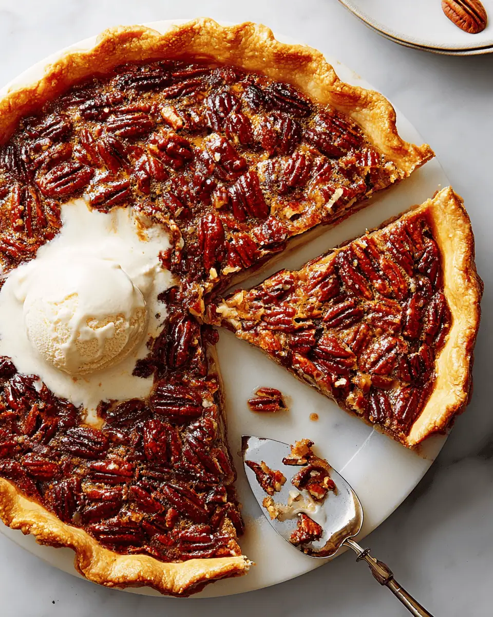 The Absolute Best Classic Pecan Pie (Perfect for Thanksgiving!) 4 A perfect, clean-cut slice of classic pecan pie on a white dessert plate, showing the gooey filling and nutty top.