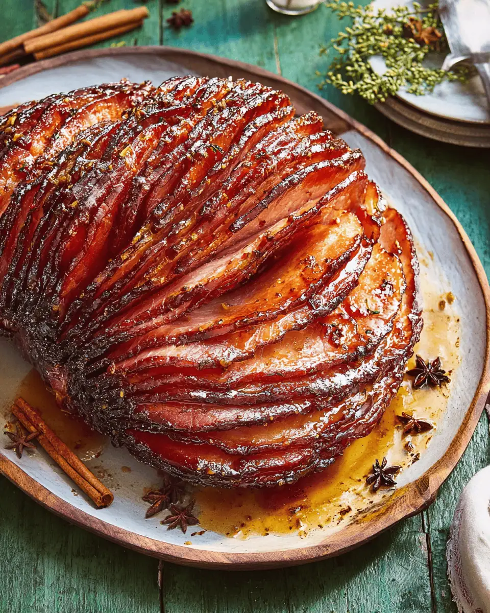 Classic Baked Ham with Spiced Brown Sugar Glaze 1 Action shot of a spoon pouring thick, amber-colored glaze over the hot roasted ham.