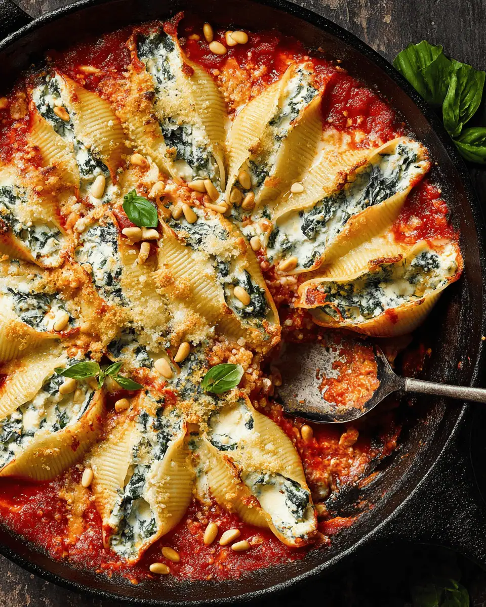 Lemon Ricotta Stuffed Shells: A Bright Spinach Pasta Bake 1 A cast iron skillet filled with baked jumbo pasta shells in red sauce garnished with basil and pine nuts.