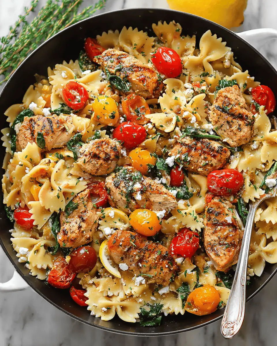 Chicken Feta Pasta with Spinach and Lemon 4 Fresh ingredients including block feta, grape tomatoes, spinach, and raw chicken.