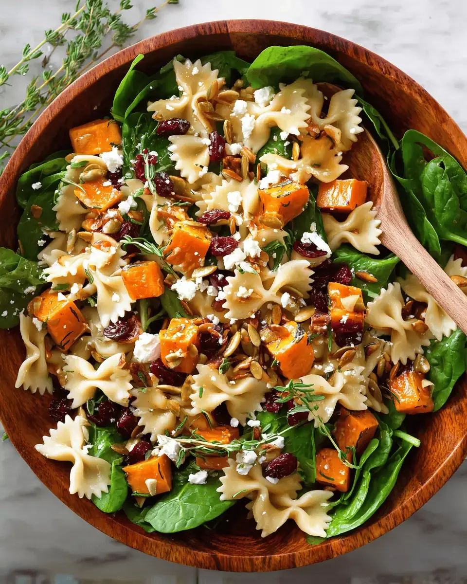 Roasted Butternut Squash Pasta Salad: A Sweet and Savory Fall Side 4 Close-up detail of the salad texture showing the crumbled goat cheese, pumpkin seeds, and dried cranberries clinging to the pasta.