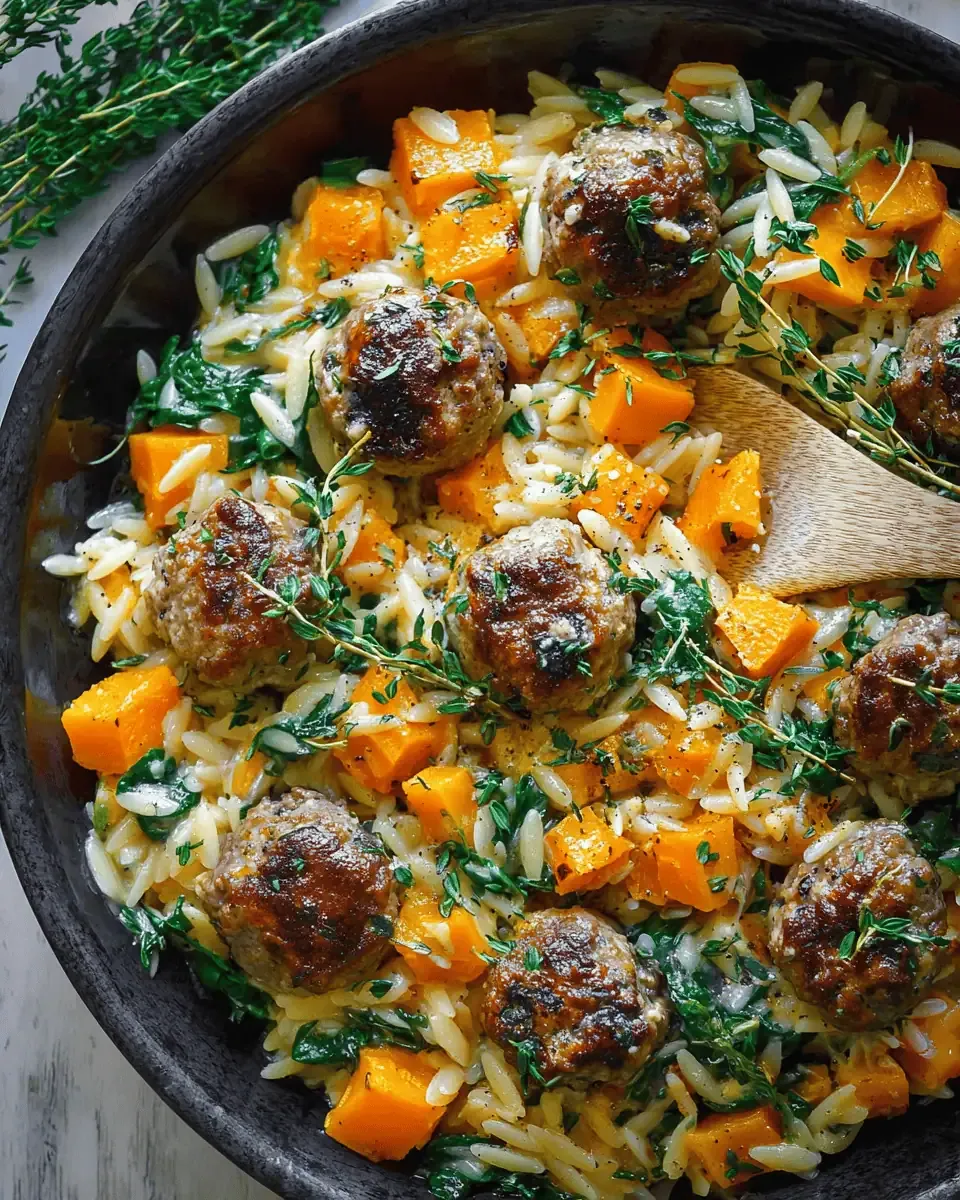 Baked Chicken Meatballs with Butternut Squash Orzo: A Cozy Winter Dinner 2 A baking sheet lined with parchment paper showing raw chicken meatballs being rolled by hand.