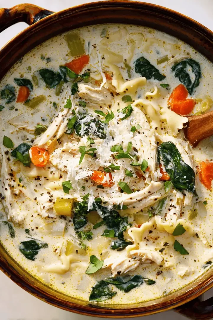 Whisking softened cream cheese and milk into the soup base to create a creamy texture.