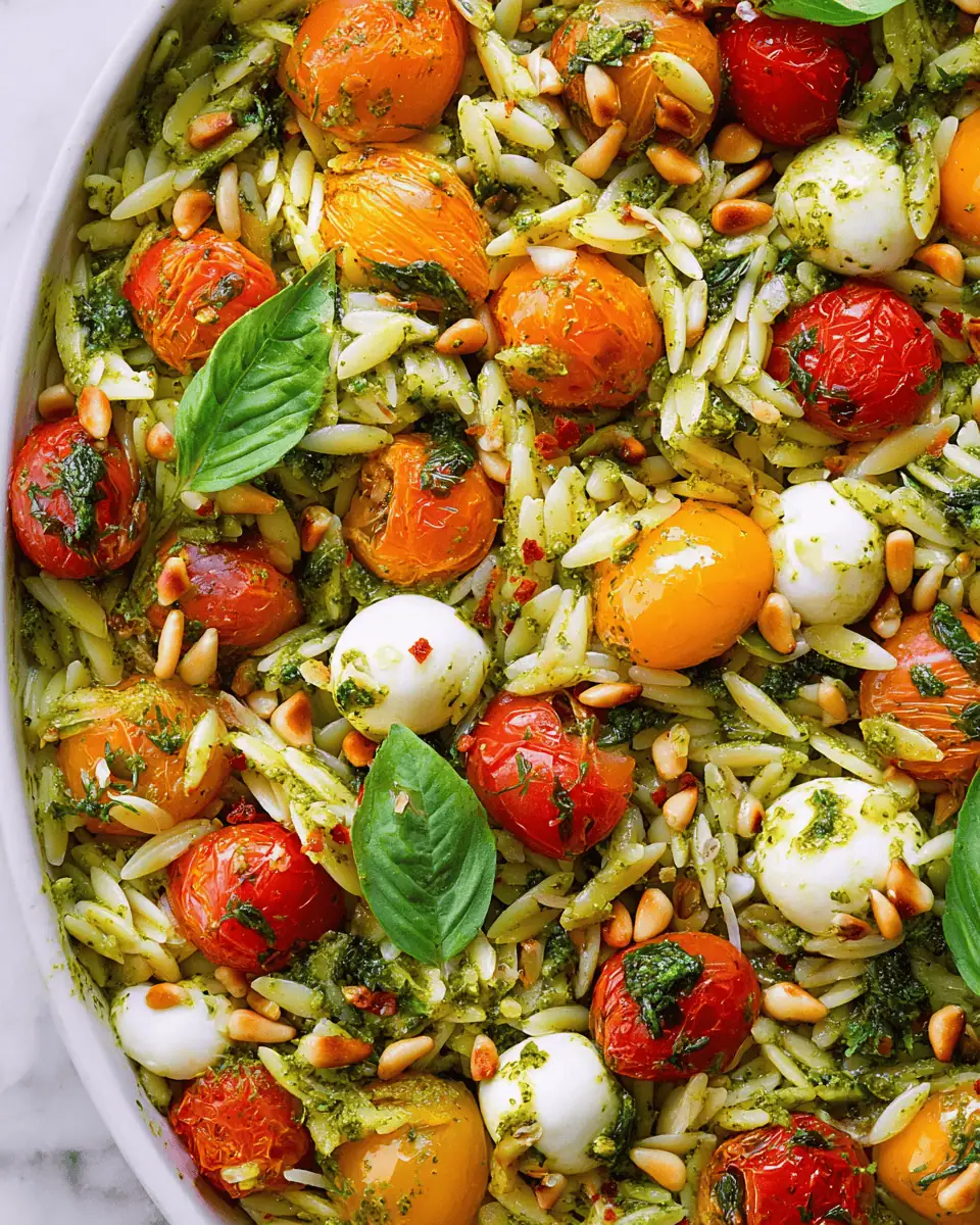Pesto Orzo Skillet with Tomatoes and Mozzarella 2 Ingredients including dry orzo, fresh basil, pine nuts, and lemon arranged on a table.