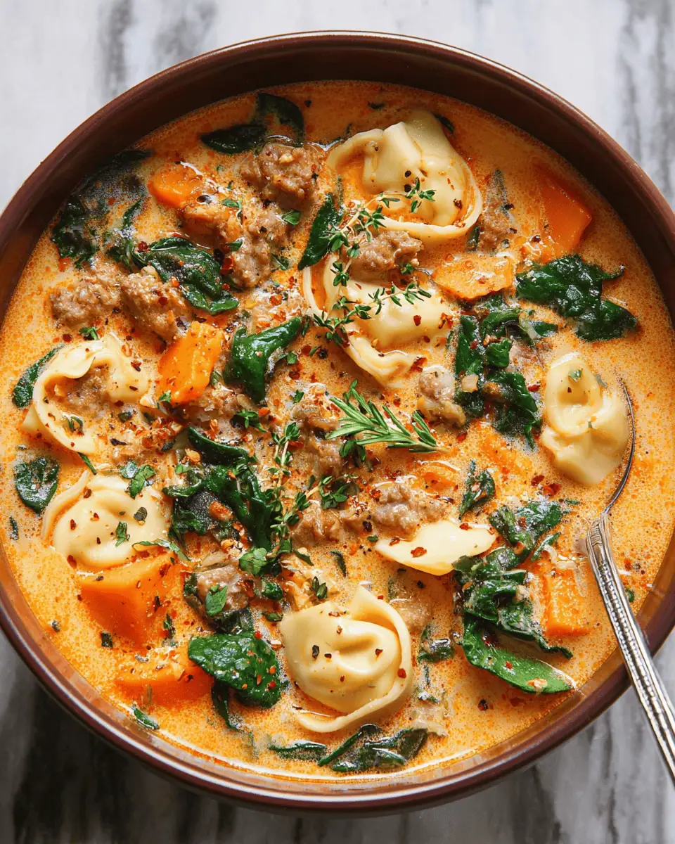 Creamy Sausage Tortellini Soup with Sweet Potato 1 Crumbled spicy Italian sausage browning in a high-sided soup pot.