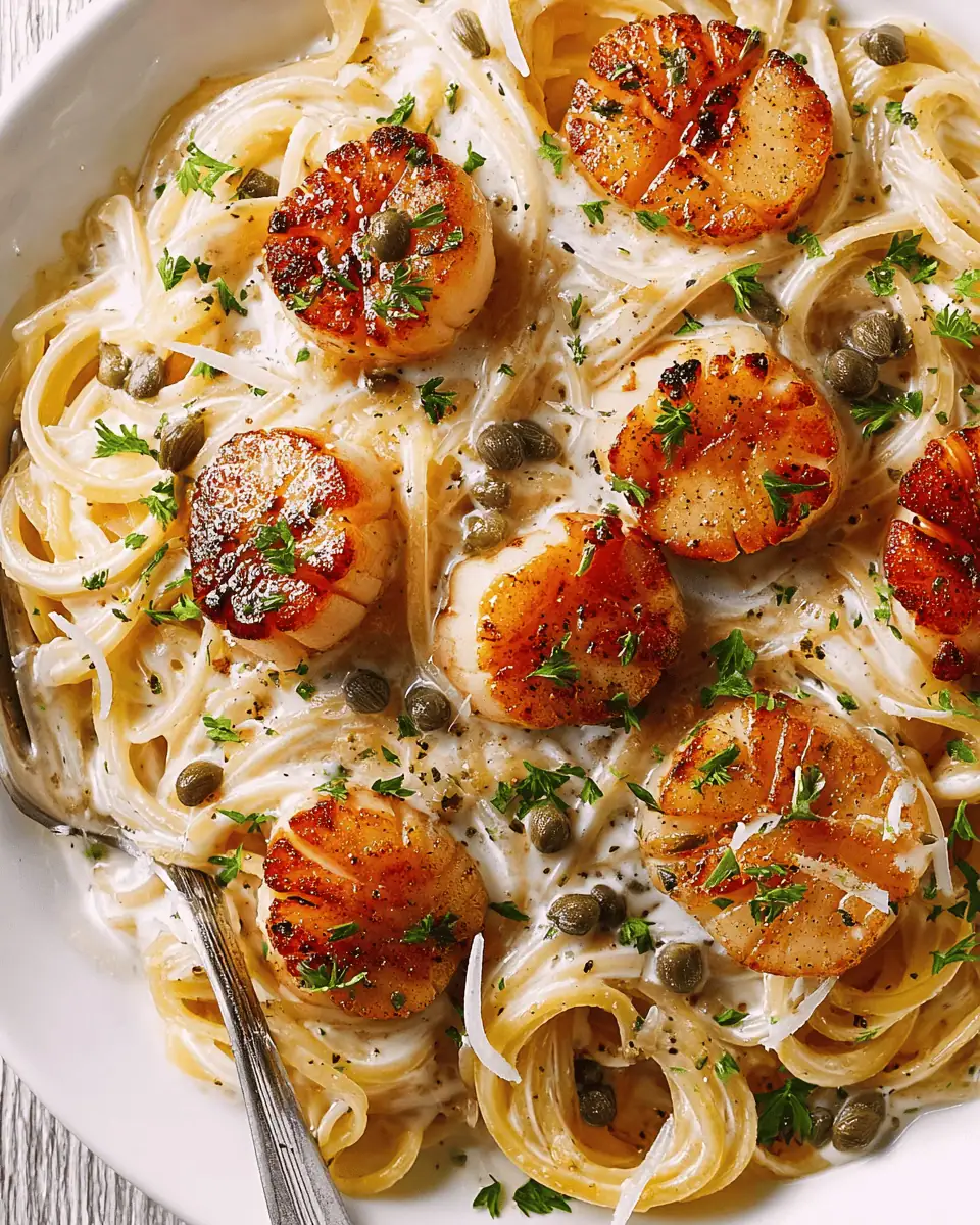 Scallop Spaghetti in White Wine Sauce 2 Scallops searing in a hot skillet with olive oil to a golden brown crust.
