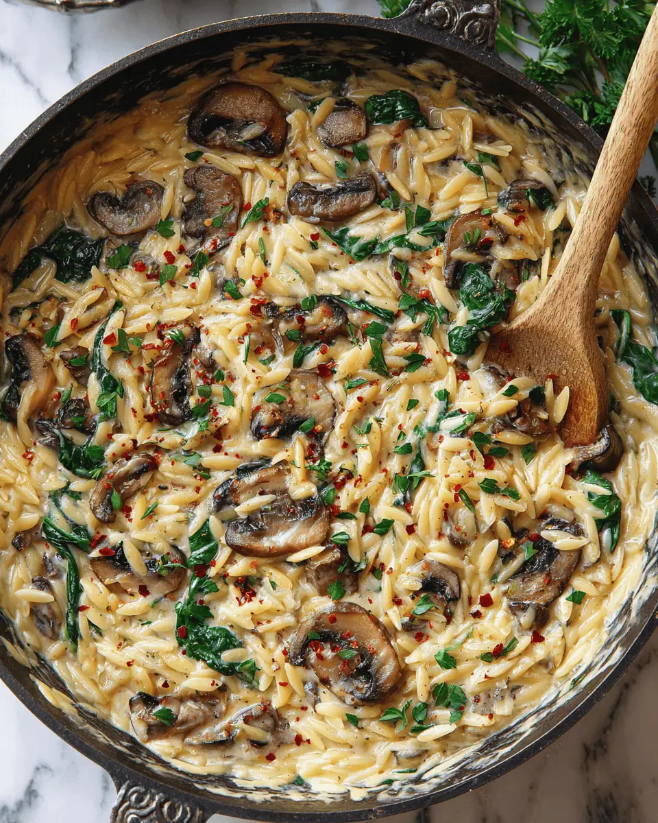 Creamy Spinach and Mushroom Orzo: One-Pan 30-Minute Comfort 1 Sliced baby bella mushrooms searing in olive oil until golden brown.