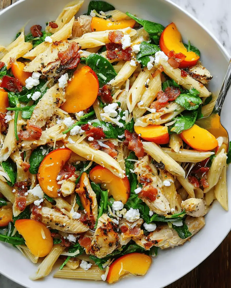 Chicken Pasta Salad with Apricots and Bacon: A Sweet and Savory Summer Dinner 1 Fresh whole apricots and baby spinach leaves on a wooden cutting board.