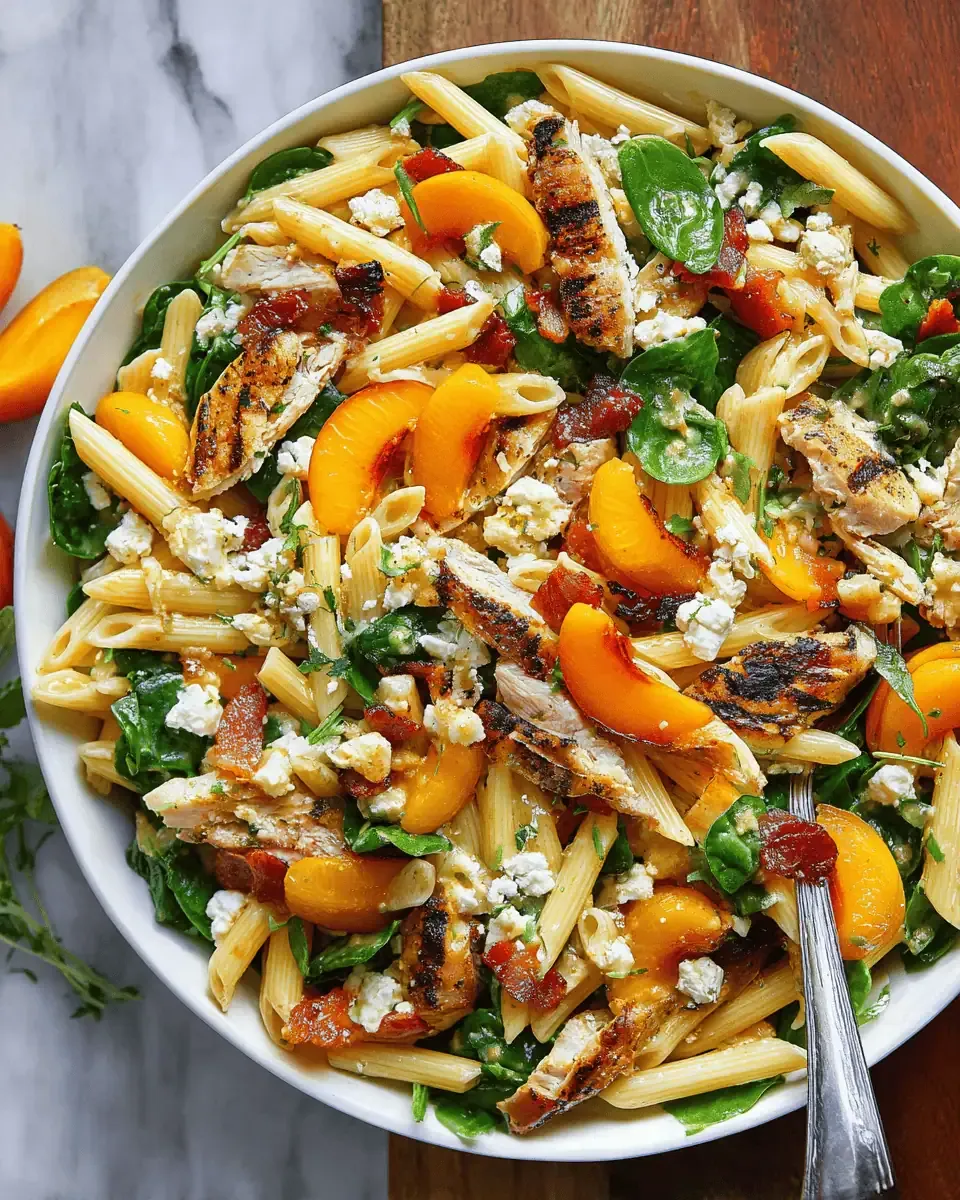 Chicken Pasta Salad with Apricots and Bacon: A Sweet and Savory Summer Dinner 4 Overhead view of the assembled pasta salad showing the vibrant colors of the fruit, greens, and white feta cheese.