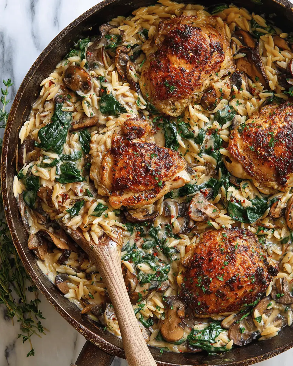 Creamy Chicken Orzo with Mushrooms and Spinach: One-Pan 30-Minute Meal 1 Uncooked orzo simmering in chicken broth with garlic and browned mushrooms.
