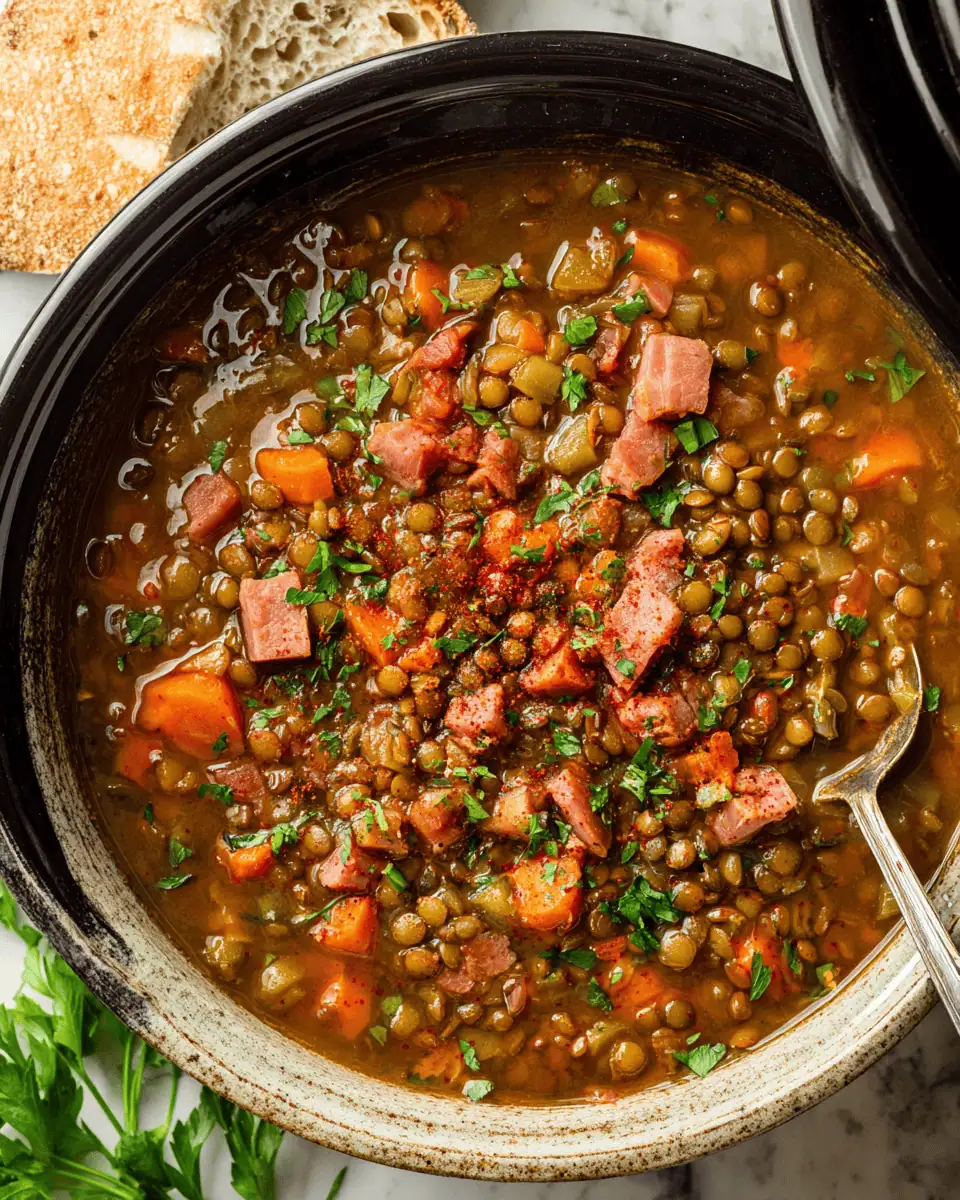 Slow Cooker Ham and Lentil Soup: A Hearty Winter Meal 3 Close up shot of tender green lentils and diced ham in a rich tomato broth.