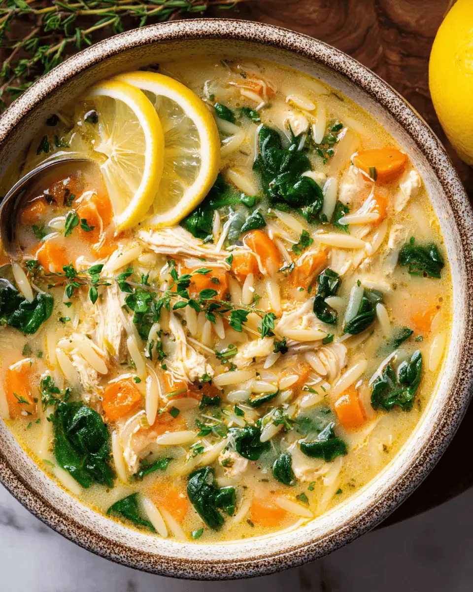 Lemon Chicken Orzo Soup: A Zesty and Thick One Pot Meal 4 A white bowl filled with glossy chicken orzo soup containing carrots and spinach garnished with a lemon slice.
