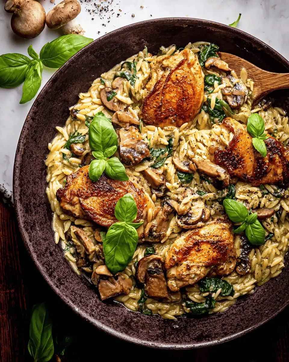 Creamy Pesto Chicken Orzo: A One Pan Mushroom Skillet Dinner 2 Dry orzo pasta and minced garlic sautéing in a pan with browned mushrooms.