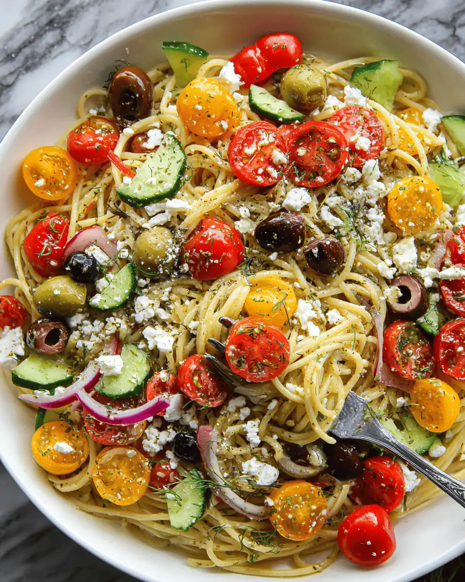 Mediterranean Spaghetti Salad: A Fresh and Tangy Cold Pasta Side 4 Kitchen tongs lifting spaghetti noodles to mix with vegetables and dressing.