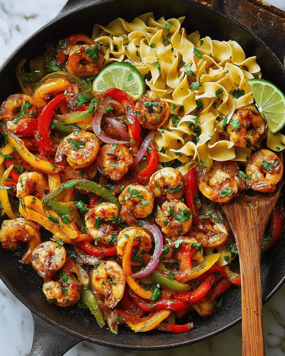 Fajita Shrimp Pasta with Bell Peppers 3 A bowl of pasta with pink shrimp, red and green bell peppers, and fresh cilantro.