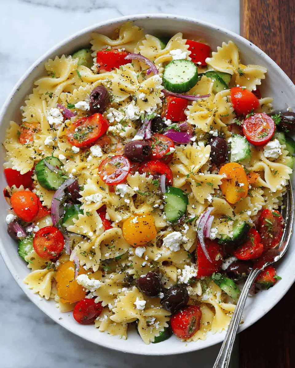 Greek Pasta Salad: Fresh Feta and Lemon Vinaigrette 1 A fork holding a bow-tie pasta noodle, an olive, and a piece of feta cheese.