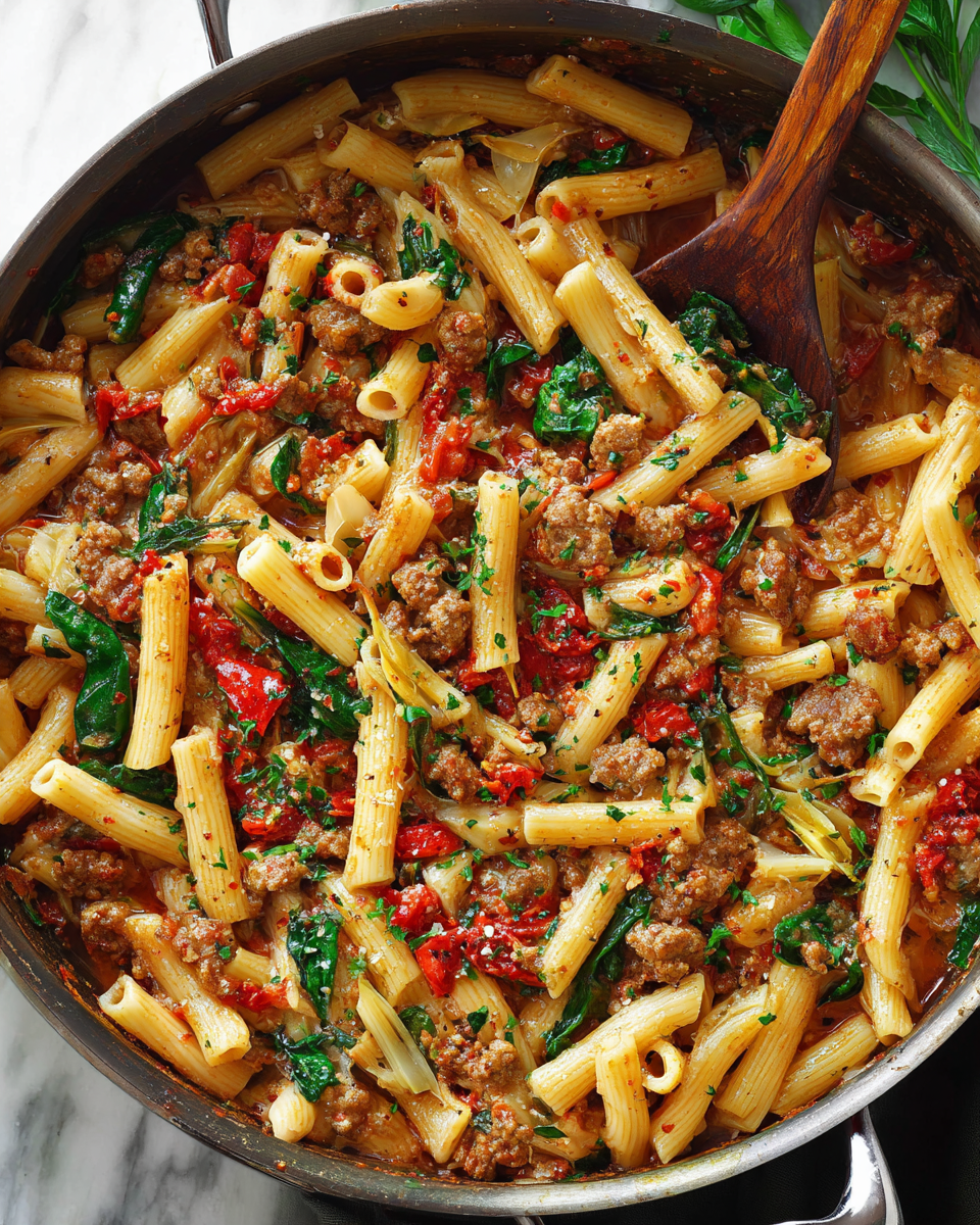 Italian Sausage Pasta: One-Pot Tuscan Dinner 2 Ground Italian sausage cooking in a pan with minced garlic and Italian seasoning.