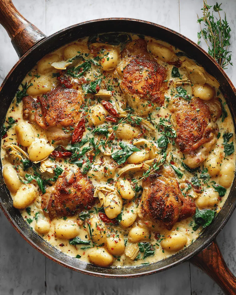 Creamy Tuscan Chicken and Gnocchi: One-Pan 30-Minute Meal 1 Boneless chicken thighs seasoned with paprika and Italian seasoning searing in a hot skillet.