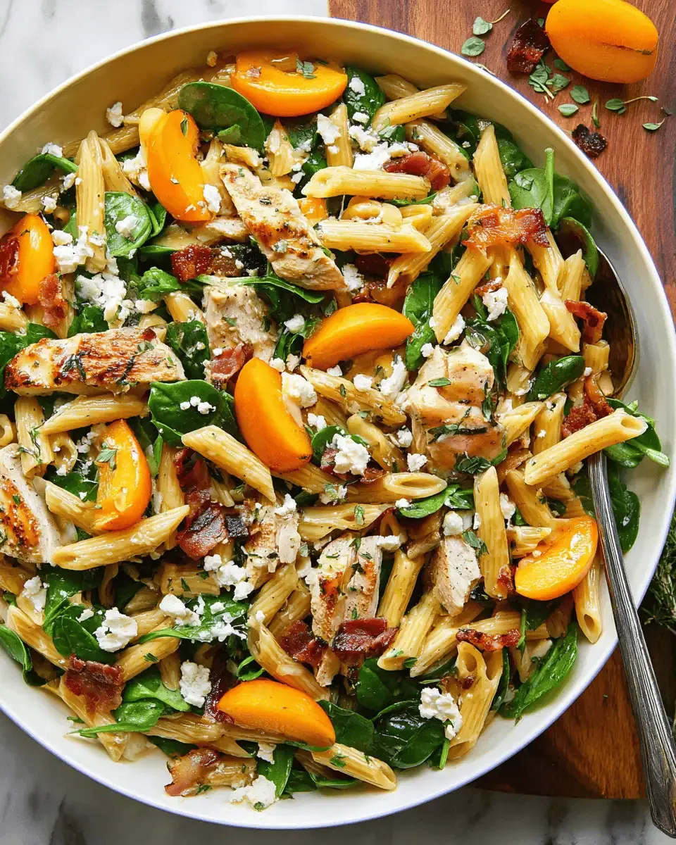 Chicken Pasta Salad with Apricots and Bacon: A Sweet and Savory Summer Dinner 3 A ceramic bowl filled with penne pasta, sliced apricots, seared chicken strips, and crispy bacon bits.