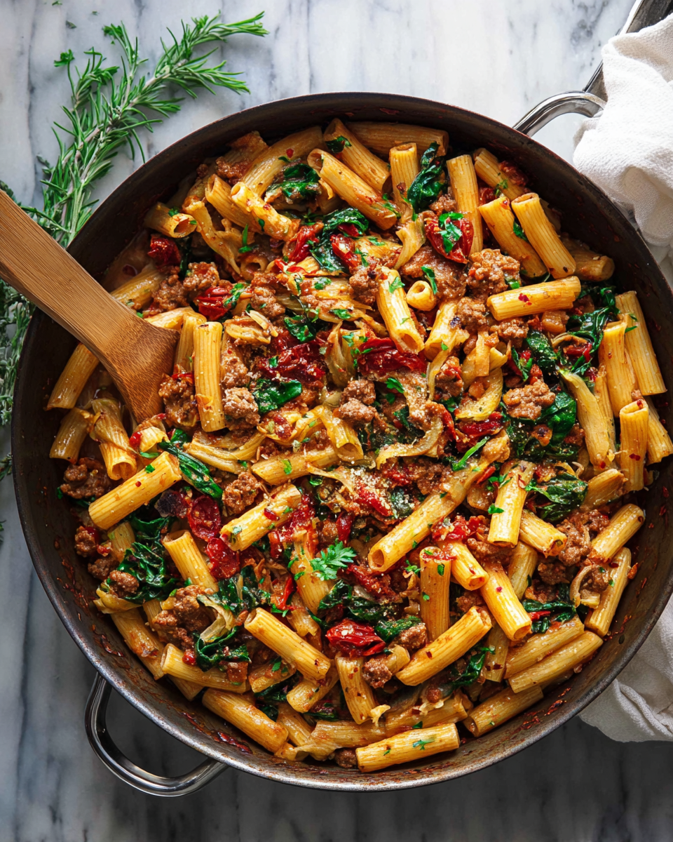 Italian Sausage Pasta: One-Pot Tuscan Dinner 3 Overhead view of a large skillet filled with penne pasta, crumbled sausage, artichokes, and wilted spinach.