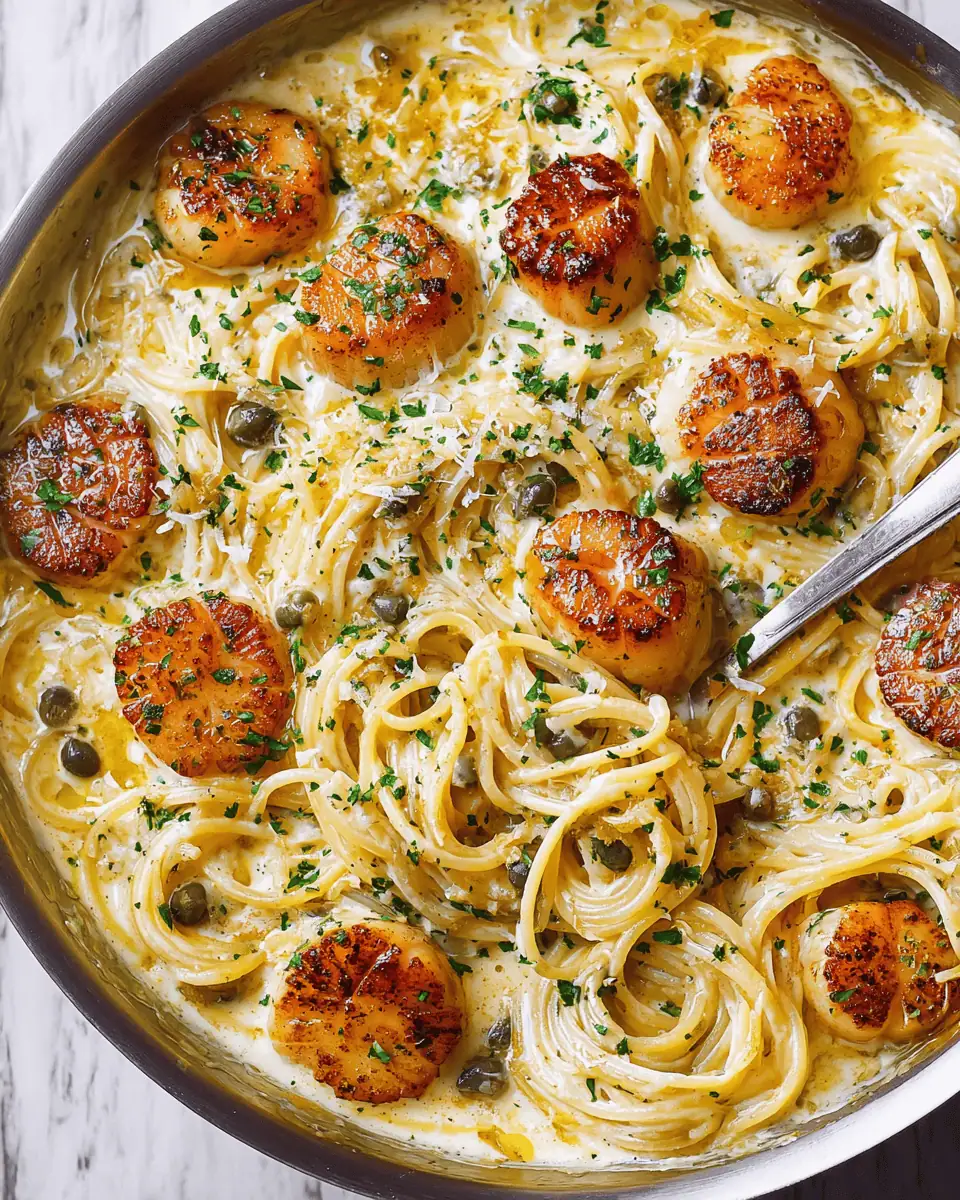 Scallop Spaghetti in White Wine Sauce 1 White wine reducing in a pan with garlic before adding heavy cream.