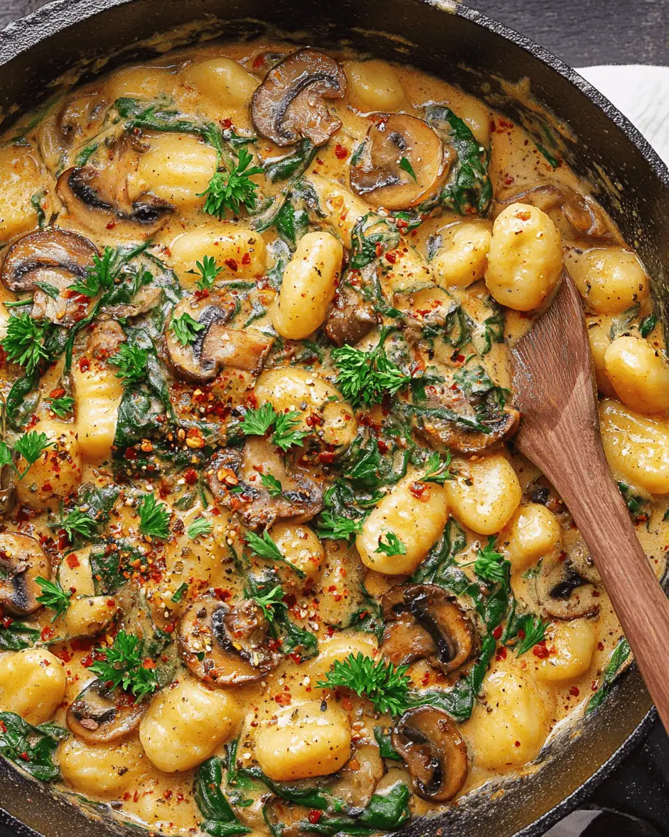 Creamy Spinach and Mushroom Gnocchi: One-Pan 20-Minute Meal 2 Sliced crimini mushrooms searing in olive oil in a hot skillet.