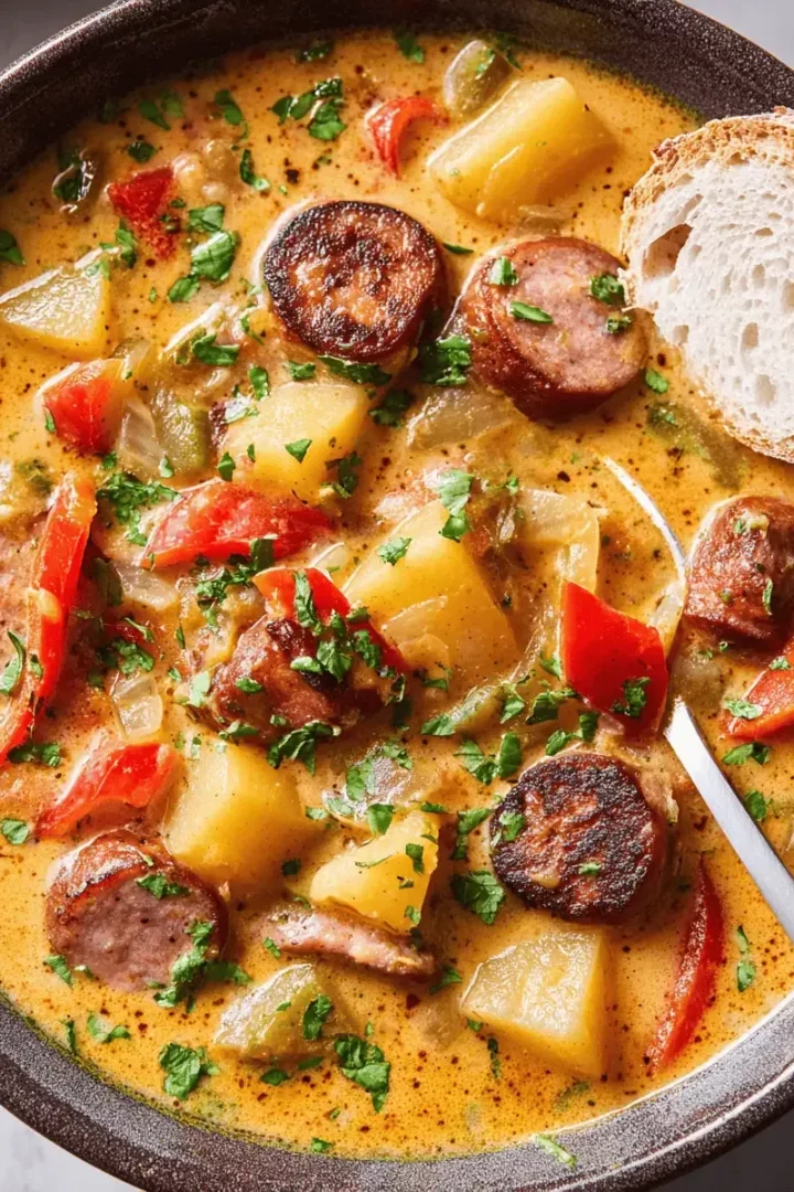 Creamy Cajun potato soup garnished with green onions, a bowl of rich comfort food for cold days, featuring potatoes and spicy seasonings.