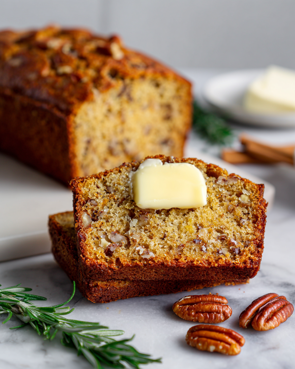 Delicious Sweet Alabama Pecan Bread Recipe 2 A slice of Sweet Alabama Pecan Bread showcases its moist texture, crispy pecans, and sweet aroma, perfect for breakfast or a snack.