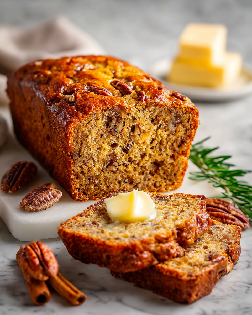 Delicious Sweet Alabama Pecan Bread Recipe 3 A slice of Sweet Alabama Pecan Bread showcases its moist texture, crispy pecans, and sweet aroma, perfect for breakfast or a snack.