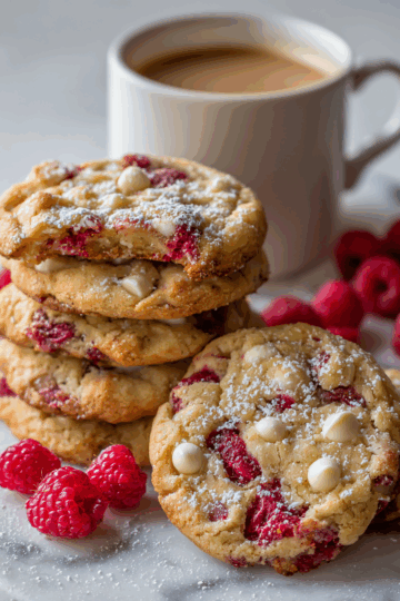 Raspberry and white chocolate chip cookies, a soft and chewy dessert with a delightful blend of tart raspberries and sweet chocolate chips.