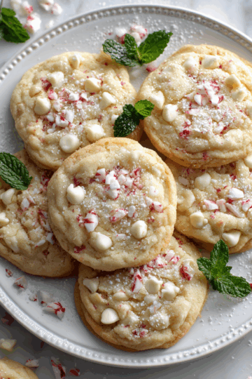 Delicious white chocolate peppermint cookies ready for the holidays, featuring creamy white chocolate chips and festive peppermint bits.