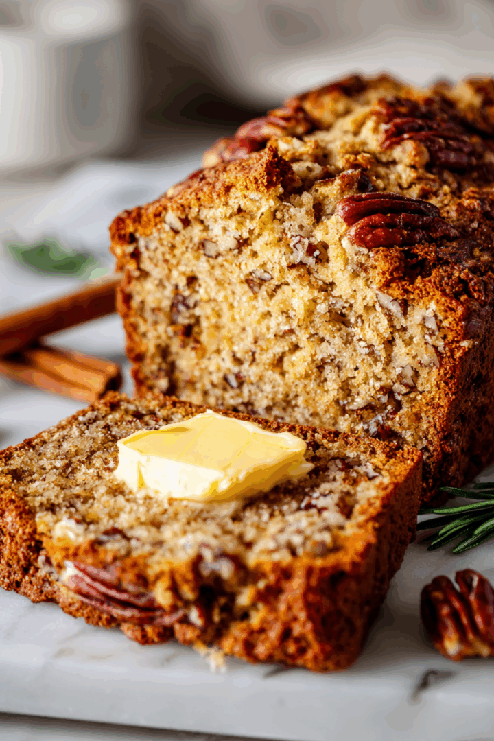 A slice of Sweet Alabama Pecan Bread showcases its moist texture, crispy pecans, and sweet aroma, perfect for breakfast or a snack.