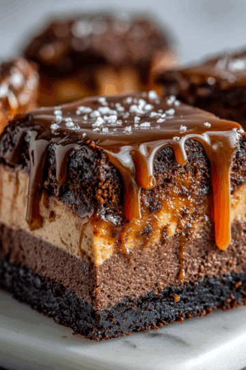 Decadent Caramel Brownie Cheesecake 8 Delicious caramel brownie cheesecake topped with rich caramel sauce, ideal dessert for chocolate lovers and special occasions.