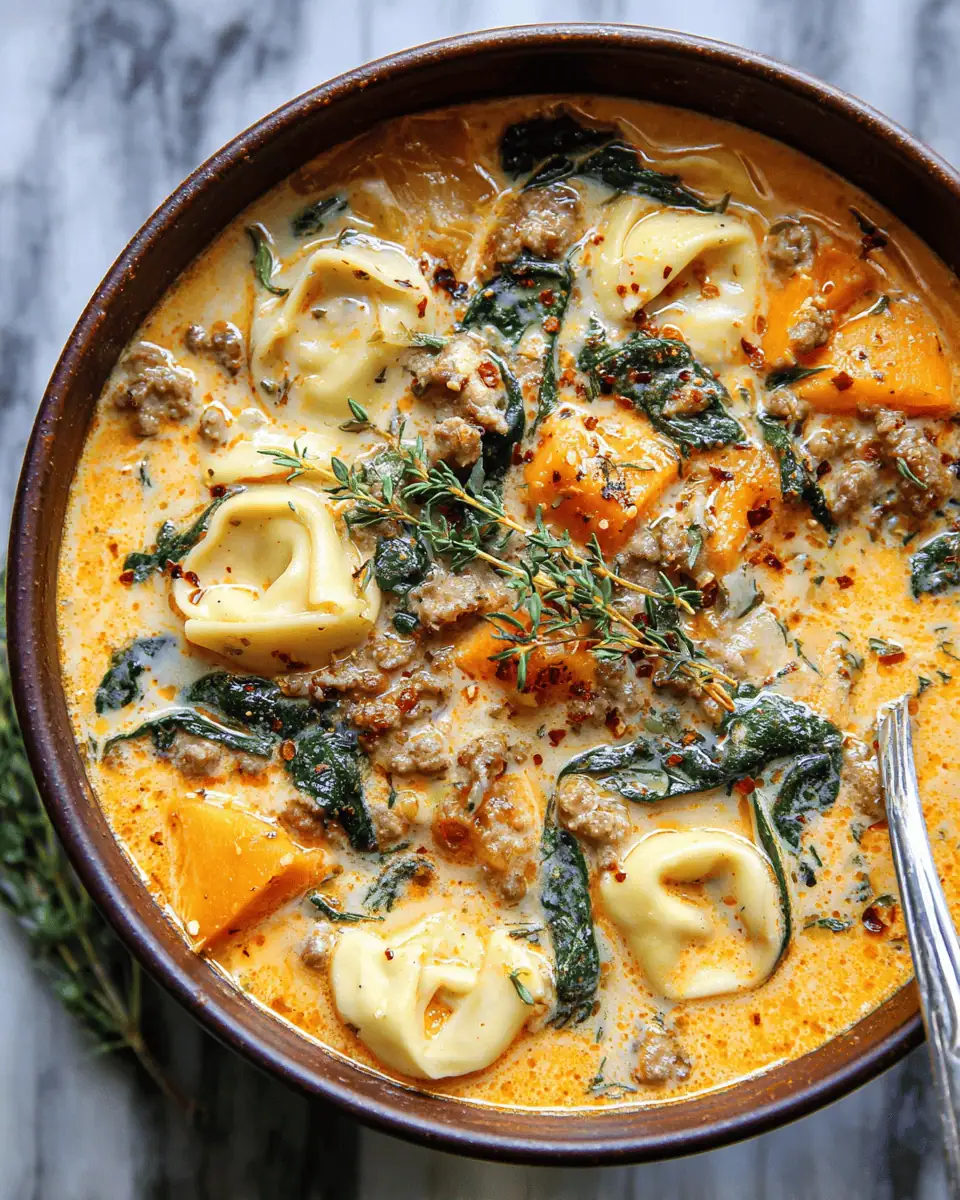 Creamy Sausage Tortellini Soup with Sweet Potato 3 A large pot filled with creamy orange broth, sausage, sweet potato cubes, and tortellini.