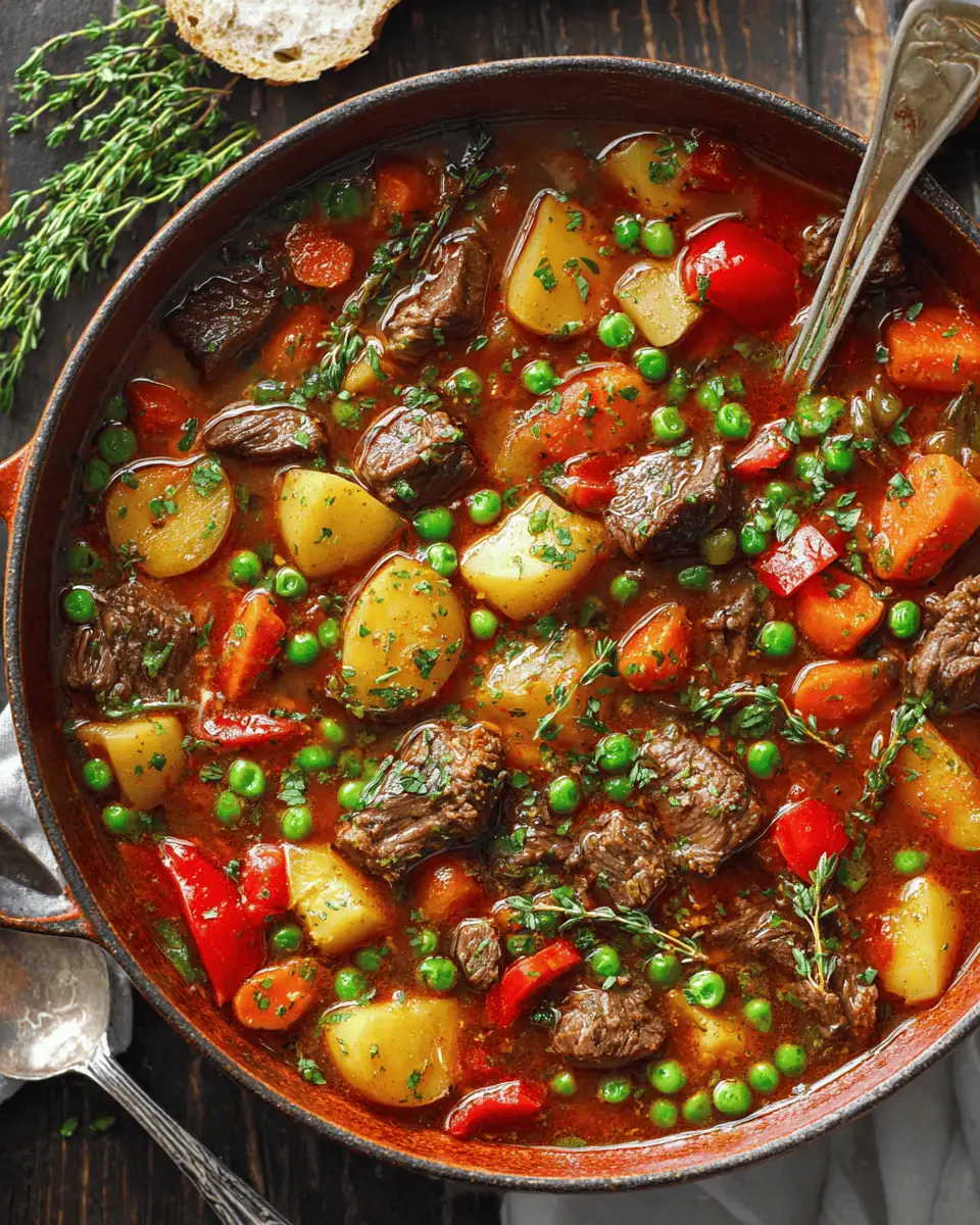 One Pot Vegetable Beef Soup: A Hearty Chuck Roast Stew 1 A ladle pouring hearty vegetable beef soup into a white ceramic bowl.