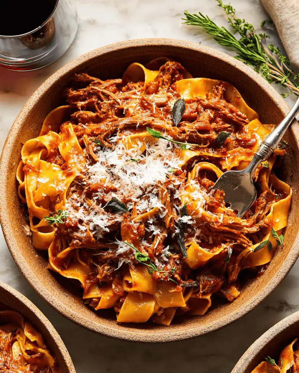 Braised Pork Ragu Pappardelle: A Rich Sunday Supper 3 Chunks of seasoned pork shoulder searing in a dutch oven to a deep golden brown.