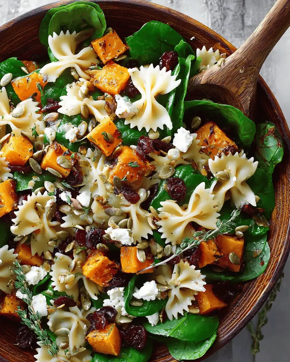Roasted Butternut Squash Pasta Salad: A Sweet and Savory Fall Side 3 A large ceramic bowl filled with bow tie pasta, golden roasted butternut squash, spinach, and cranberries tossed in dressing.