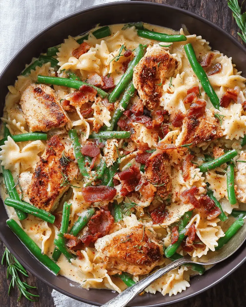 Creamy Chicken Pasta with Green Beans and Bacon: 30-Minute Dinner 1 Shredded Parmesan cheese being stirred into simmering heavy cream in a skillet.