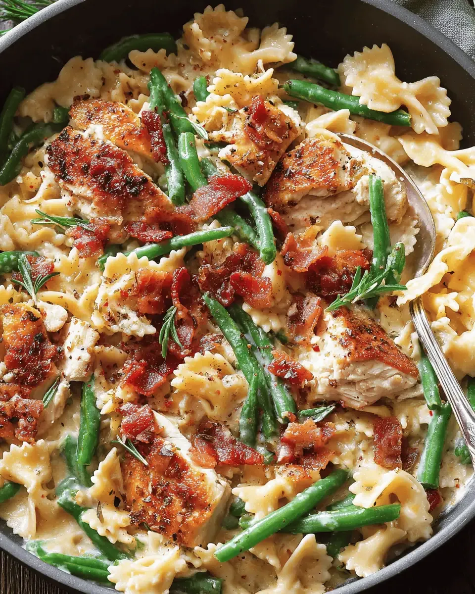 Creamy Chicken Pasta with Green Beans and Bacon: 30-Minute Dinner 2 Seasoned chicken thighs searing in a hot skillet with smoked paprika crust.